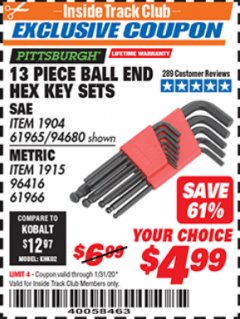 Harbor Freight ITC Coupon 13 PIECE BALL END HEX KEY SETS Lot No. 61965/94680/96416/61966 Expired: 1/31/20 - $4.99