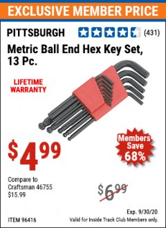 Harbor Freight ITC Coupon 13 PIECE BALL END HEX KEY SETS Lot No. 61965/94680/96416/61966 Expired: 9/30/20 - $4.99