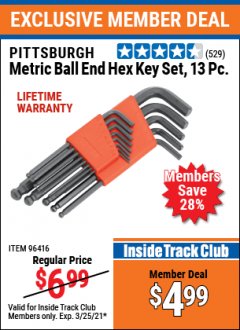 Harbor Freight ITC Coupon 13 PIECE BALL END HEX KEY SETS Lot No. 61965/94680/96416/61966 Expired: 3/25/21 - $4.99