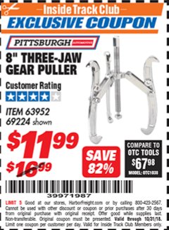 Harbor Freight ITC Coupon 8" THREE-JAW GEAR PULLER Lot No. 63952/69224 Expired: 10/31/18 - $11.99