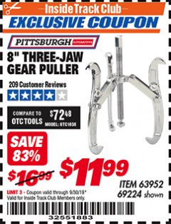 Harbor Freight ITC Coupon 8" THREE-JAW GEAR PULLER Lot No. 63952/69224 Expired: 9/30/19 - $11.99