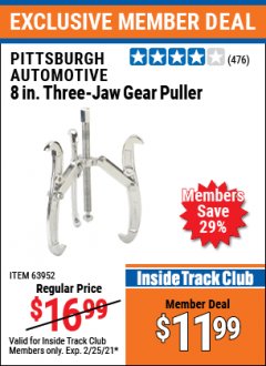 Harbor Freight ITC Coupon 8" THREE-JAW GEAR PULLER Lot No. 63952/69224 Expired: 2/25/21 - $11.99
