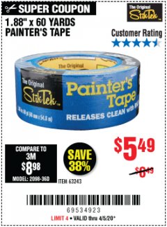 Harbor Freight Coupon 1.88" X 60 YARDS PAINTER'S TAPE Lot No. 63243 Expired: 6/30/20 - $5.49