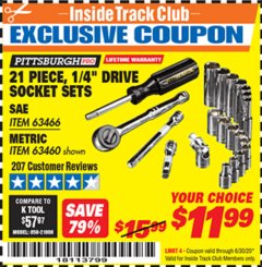 Harbor Freight ITC Coupon 21 PIECE, 1/4" DRIVE SOCKET SETS Lot No. 41722/63466/67998/63460 Expired: 6/30/20 - $11.99