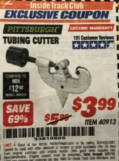 Harbor Freight ITC Coupon TUBING CUTTER Lot No. 40913 Expired: 5/31/19 - $3.99