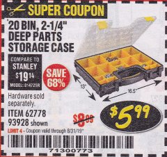 Harbor Freight Coupon 20 BIN PORTABLE PARTS STORAGE CASE Lot No. 62778/93928 Expired: 8/31/19 - $5.99