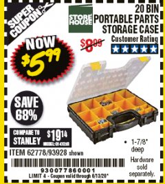 Harbor Freight Coupon 20 BIN PORTABLE PARTS STORAGE CASE Lot No. 62778/93928 Expired: 6/30/20 - $5.99