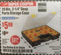 Harbor Freight Coupon 20 BIN PORTABLE PARTS STORAGE CASE Lot No. 62778/93928 Expired: 7/31/20 - $5.99