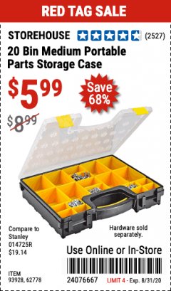Harbor Freight Coupon 20 BIN PORTABLE PARTS STORAGE CASE Lot No. 62778/93928 Expired: 8/31/20 - $5.99
