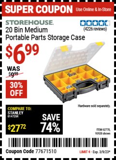 Harbor Freight Coupon 20 BIN PORTABLE PARTS STORAGE CASE Lot No. 62778/93928 Expired: 3/9/23 - $6.99