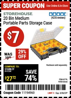Harbor Freight Coupon 20 BIN PORTABLE PARTS STORAGE CASE Lot No. 62778/93928 Expired: 3/26/23 - $7