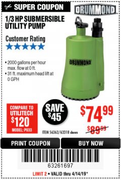 Harbor Freight Coupon 1/3 HP SUBMERSIBLE UTILITY PUMP - 2000 GPH Lot No. 63318 Expired: 4/14/19 - $74.99