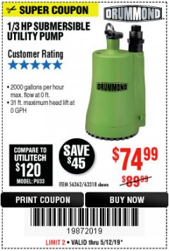 Harbor Freight Coupon 1/3 HP SUBMERSIBLE UTILITY PUMP - 2000 GPH Lot No. 63318 Expired: 5/12/19 - $74.99