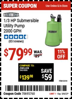 Harbor Freight Coupon 1/3 HP SUBMERSIBLE UTILITY PUMP - 2000 GPH Lot No. 63318 Expired: 5/8/22 - $79.99