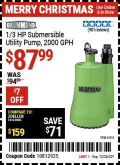 Harbor Freight Coupon 1/3 HP SUBMERSIBLE UTILITY PUMP - 2000 GPH Lot No. 63318 Expired: 12/26/21 - $87.99