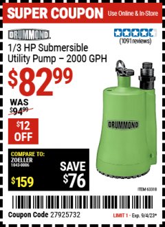 Harbor Freight Coupon 1/3 HP SUBMERSIBLE UTILITY PUMP - 2000 GPH Lot No. 63318 Expired: 9/4/23 - $82.99