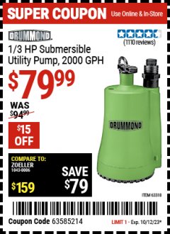 Harbor Freight Coupon 1/3 HP SUBMERSIBLE UTILITY PUMP - 2000 GPH Lot No. 63318 Expired: 10/12/23 - $79.99