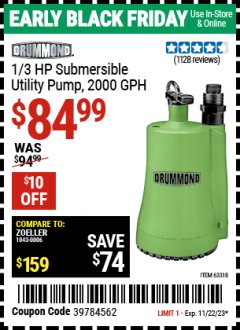 Harbor Freight Coupon 1/3 HP SUBMERSIBLE UTILITY PUMP - 2000 GPH Lot No. 63318 Expired: 11/22/23 - $84.99