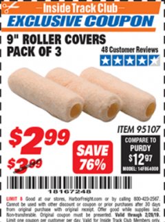 Harbor Freight ITC Coupon 9" ROLLER COVERS PACK OF 3 Lot No. 95107 Expired: 2/28/19 - $2.99