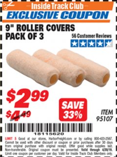Harbor Freight ITC Coupon 9" ROLLER COVERS PACK OF 3 Lot No. 95107 Expired: 4/30/19 - $2.99