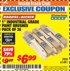 Harbor Freight ITC Coupon 1" INDUSTRIAL GRADE CHIP BRUSHES PACK OF 36 Lot No. 61491 Expired: 4/30/20 - $6.99