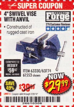 Harbor Freight Coupon 4" SWIVEL VICE WITH ANVIL Lot No. 67035/63330/61553 Expired: 2/28/19 - $29.99