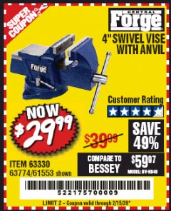 Harbor Freight Coupon 4" SWIVEL VICE WITH ANVIL Lot No. 67035/63330/61553 Expired: 2/15/20 - $29.99