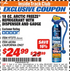 Harbor Freight ITC Coupon 18 OZ. ARCTIC FREEZE REFRIGERANT Lot No. 97275 Expired: 9/30/18 - $24.99