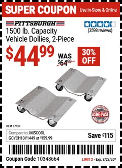 Harbor Freight Coupon PITTSBURGH 1500 LB. CAPACITY VEHICLE DOLLIES, 2-PIECE Lot No. 67338/60343 Expired: 8/23/26 - $44.99