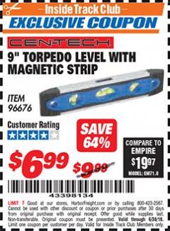 Harbor Freight ITC Coupon 9" MAGNETIC TORPEDO LEVEL Lot No. 96676 Expired: 6/30/18 - $6.99