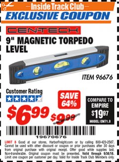 Harbor Freight ITC Coupon 9" MAGNETIC TORPEDO LEVEL Lot No. 96676 Expired: 9/30/18 - $6.99