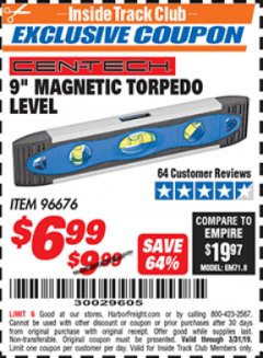 Harbor Freight ITC Coupon 9" MAGNETIC TORPEDO LEVEL Lot No. 96676 Expired: 3/31/19 - $6.99