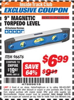 Harbor Freight ITC Coupon 9" MAGNETIC TORPEDO LEVEL Lot No. 96676 Expired: 5/31/19 - $6.99