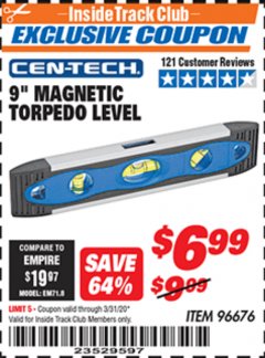Harbor Freight ITC Coupon 9" MAGNETIC TORPEDO LEVEL Lot No. 96676 Expired: 3/31/20 - $6.99