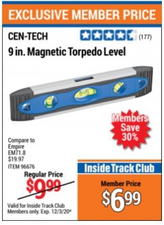 Harbor Freight ITC Coupon 9" MAGNETIC TORPEDO LEVEL Lot No. 96676 Expired: 12/3/20 - $6.99
