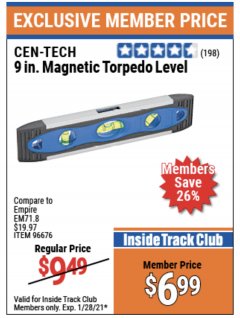 Harbor Freight ITC Coupon 9" MAGNETIC TORPEDO LEVEL Lot No. 96676 Expired: 1/28/21 - $6.99