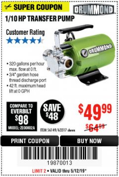 Harbor Freight Coupon 1/10 HP TRANSFER PUMP Lot No. 63317 Expired: 5/12/19 - $49.99