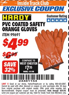 Harbor Freight ITC Coupon HARDY PVC COATED SAFETY ORANGE GLOVES Lot No. 99691 Expired: 8/31/18 - $4.99