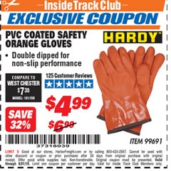 Harbor Freight ITC Coupon HARDY PVC COATED SAFETY ORANGE GLOVES Lot No. 99691 Expired: 8/31/19 - $4.99