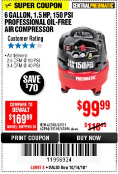 Harbor Freight Coupon 1.5 HP, 6 GALLON, 150 PSI PROFESSIONAL AIR COMPRESSOR Lot No. 62894/67696/62380/62511/68149 Expired: 10/14/18 - $99.99