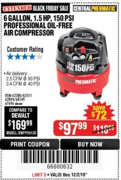 Harbor Freight Coupon 1.5 HP, 6 GALLON, 150 PSI PROFESSIONAL AIR COMPRESSOR Lot No. 62894/67696/62380/62511/68149 Expired: 12/2/18 - $97.99