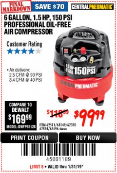 Harbor Freight Coupon 1.5 HP, 6 GALLON, 150 PSI PROFESSIONAL AIR COMPRESSOR Lot No. 62894/67696/62380/62511/68149 Expired: 1/31/19 - $99.99