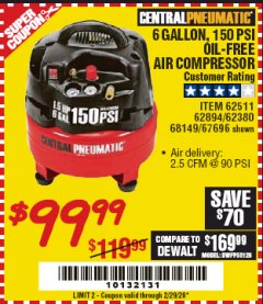 Harbor Freight Coupon 1.5 HP, 6 GALLON, 150 PSI PROFESSIONAL AIR COMPRESSOR Lot No. 62894/67696/62380/62511/68149 Expired: 2/29/20 - $99.99