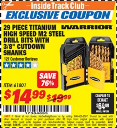 Harbor Freight ITC Coupon 29 PIECE TITANIUM M2 HIGH SPEED STEEL DRILL BITS WITH 3/8" CUTDOWN SHANKS Lot No. 61801 Expired: 2/28/19 - $14.99