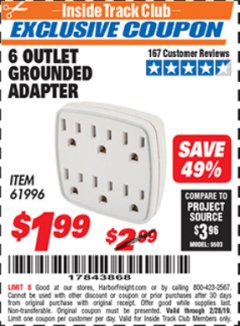 Harbor Freight ITC Coupon 6 OUTLET GROUNDED ADAPTER Lot No. 61996 Expired: 2/28/19 - $1.99
