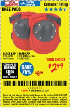 Harbor Freight Coupon BLACK CAP KNEE PADS Lot No. 60799/46698 Expired: 1/31/20 - $2.49