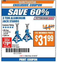 Harbor Freight ITC Coupon 3 TON ALUMINUM JACK STANDS Lot No. 91760/61627 Expired: 12/18/18 - $31.99