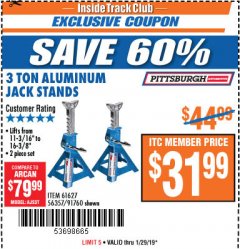 Harbor Freight ITC Coupon 3 TON ALUMINUM JACK STANDS Lot No. 91760/61627 Expired: 1/29/19 - $31.99