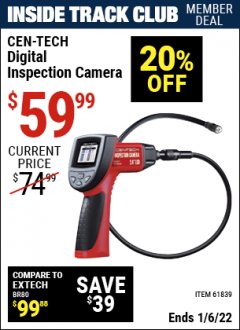 Harbor Freight ITC Coupon CEN-TECH DIGITAL INSPECTION CAMERA Lot No. 61839 Expired: 1/6/22 - $59.99