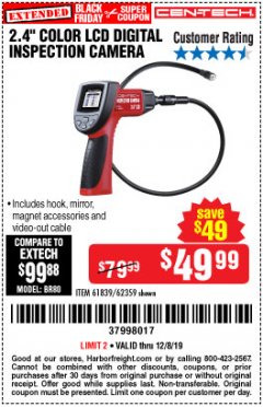 Harbor Freight Coupon CEN-TECH DIGITAL INSPECTION CAMERA Lot No. 61839 Expired: 12/8/19 - $49.99